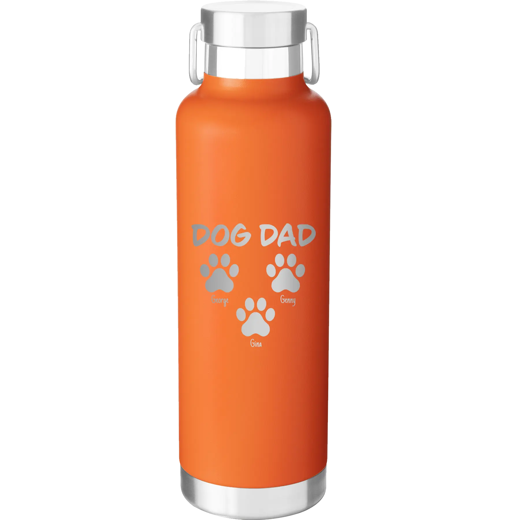 Personalized orange 24 oz vacuum insulated water bottle with 'Cat Dog Mom Dad 3 paws' design