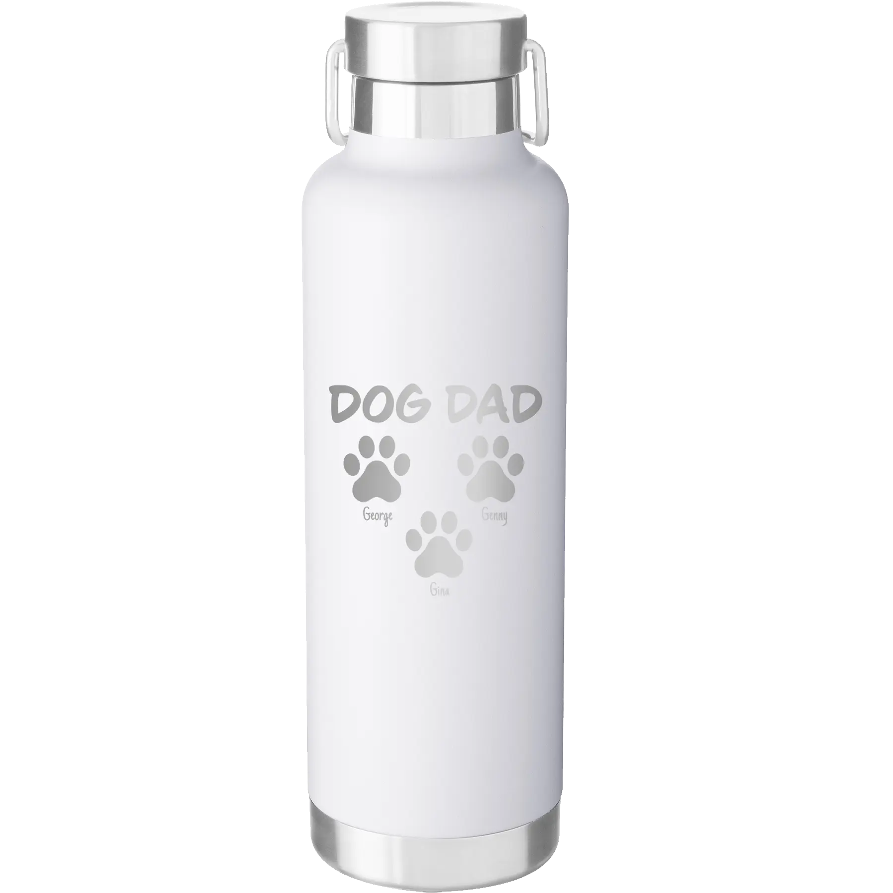 Personalized white 24 oz vacuum insulated water bottle with 'Cat Dog Mom Dad 3 paws' design