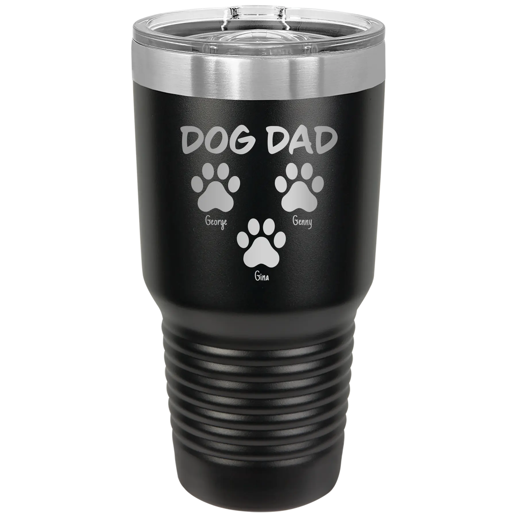Personalized black 30 oz vacuum insulated tumbler with 'Cat Dog Mom Dad 3 paws' design
