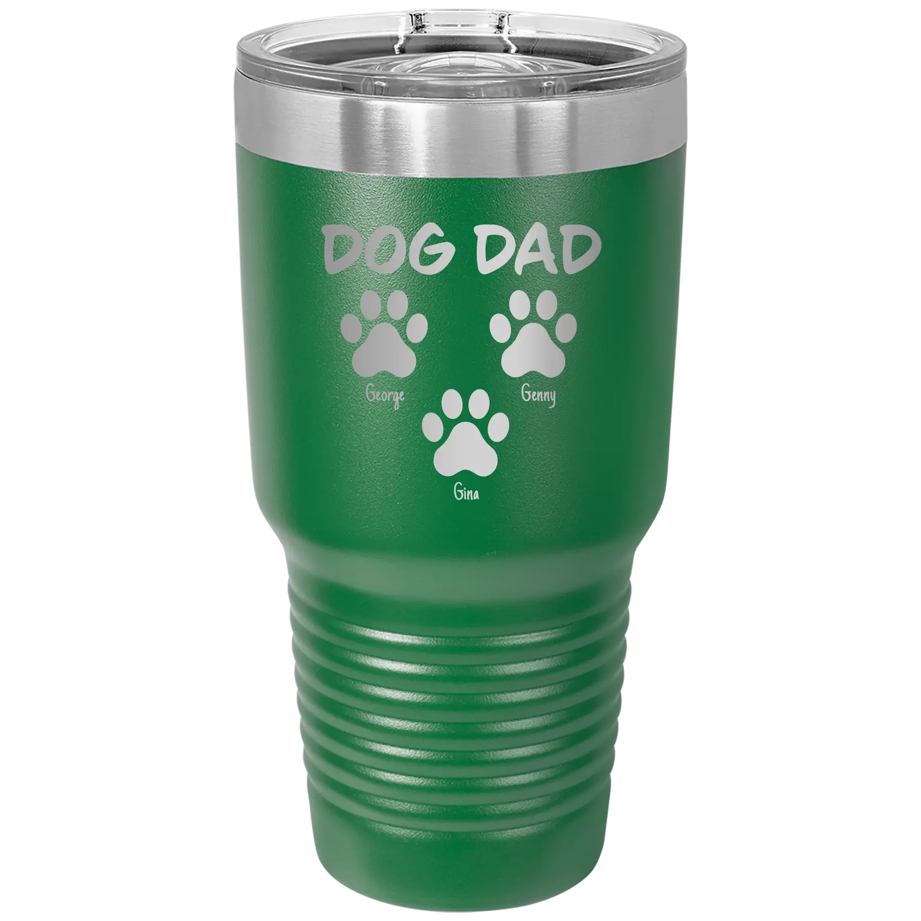 Personalized green 30 oz vacuum insulated tumbler with 'Cat Dog Mom Dad 3 paws' design