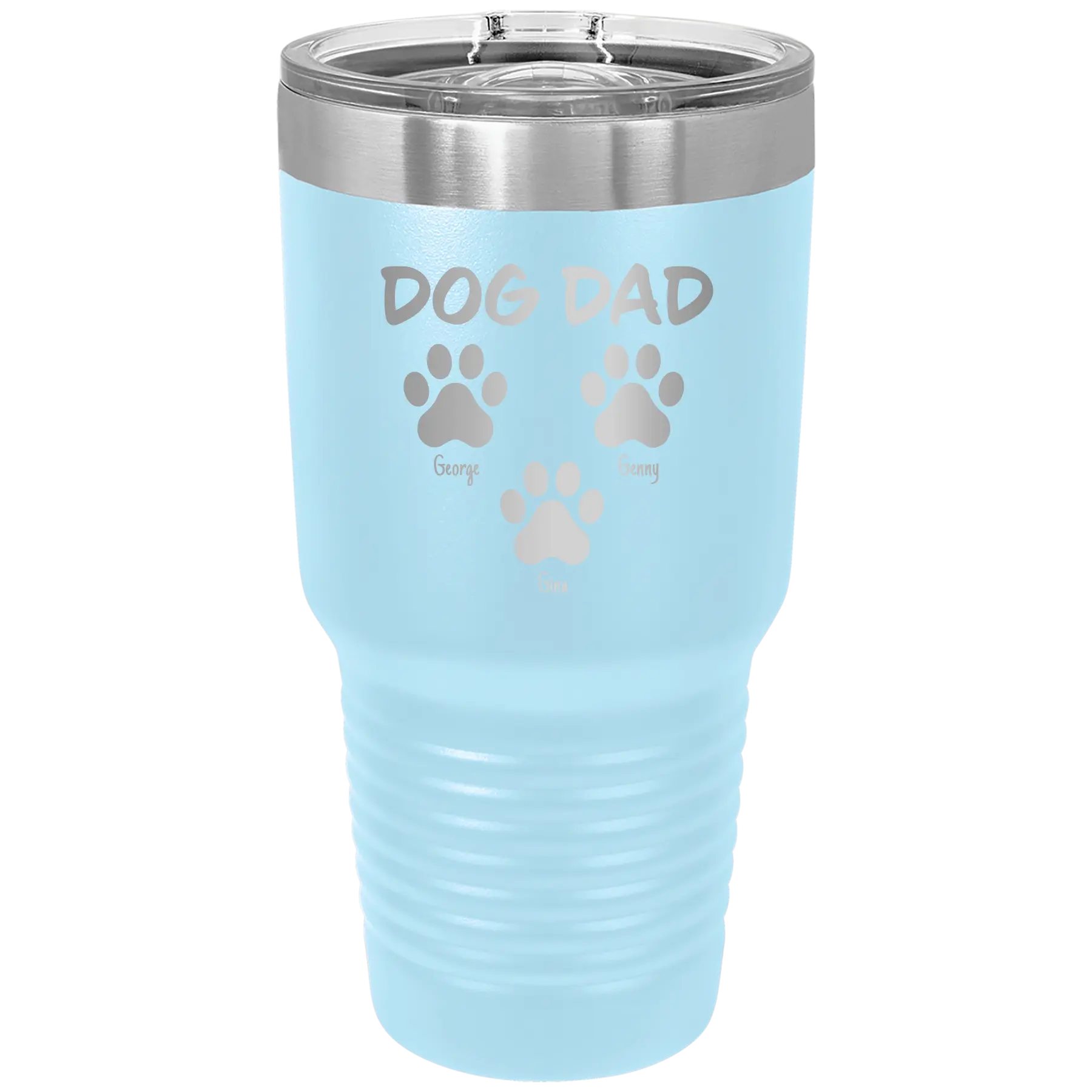 Personalized light blue 30 oz vacuum insulated tumbler with 'Cat Dog Mom Dad 3 paws' design