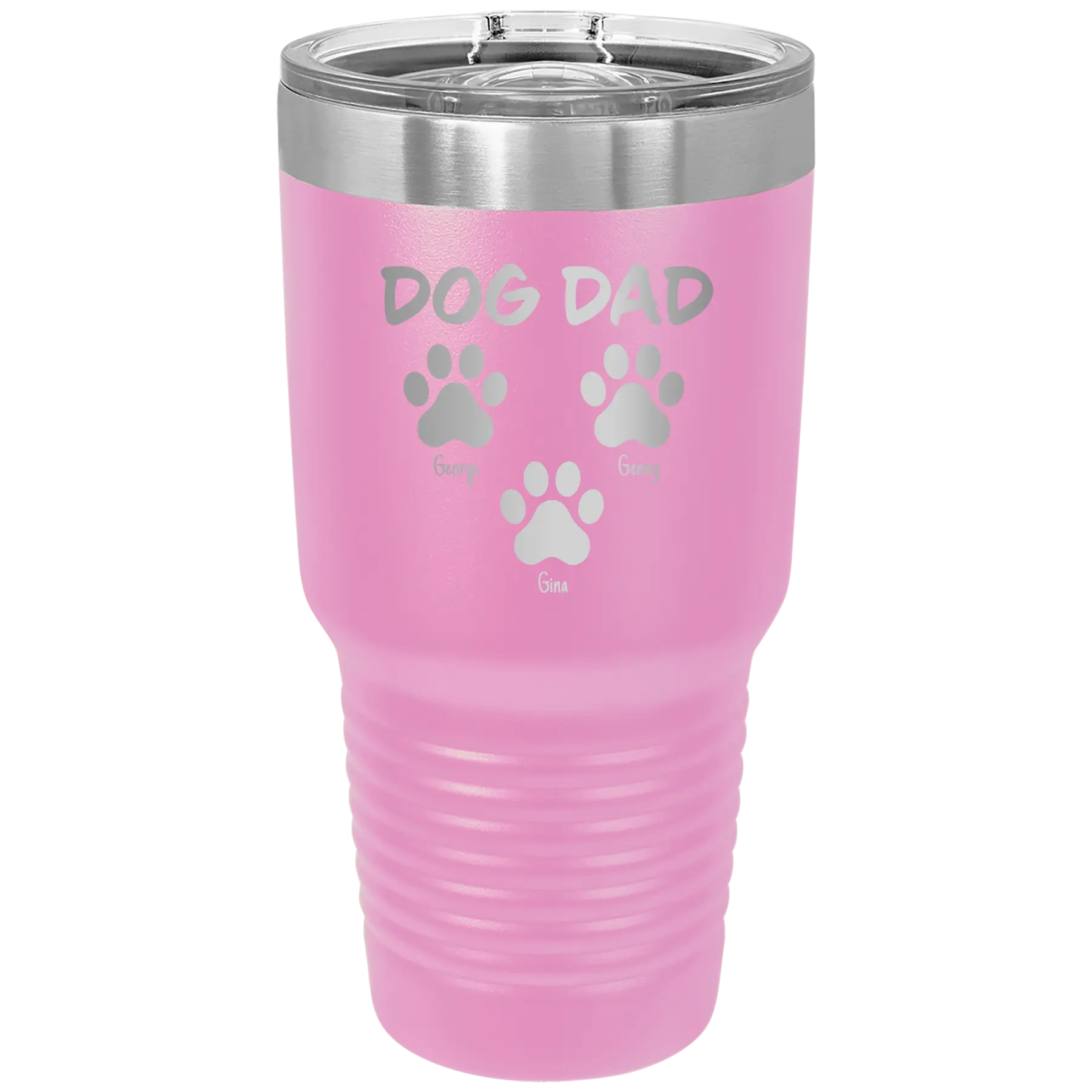 Personalized light purple 30 oz vacuum insulated tumbler with 'Cat Dog Mom Dad 3 paws' design