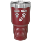 Personalized maroon 30 oz vacuum insulated tumbler with 'Cat Dog Mom Dad 3 paws' design