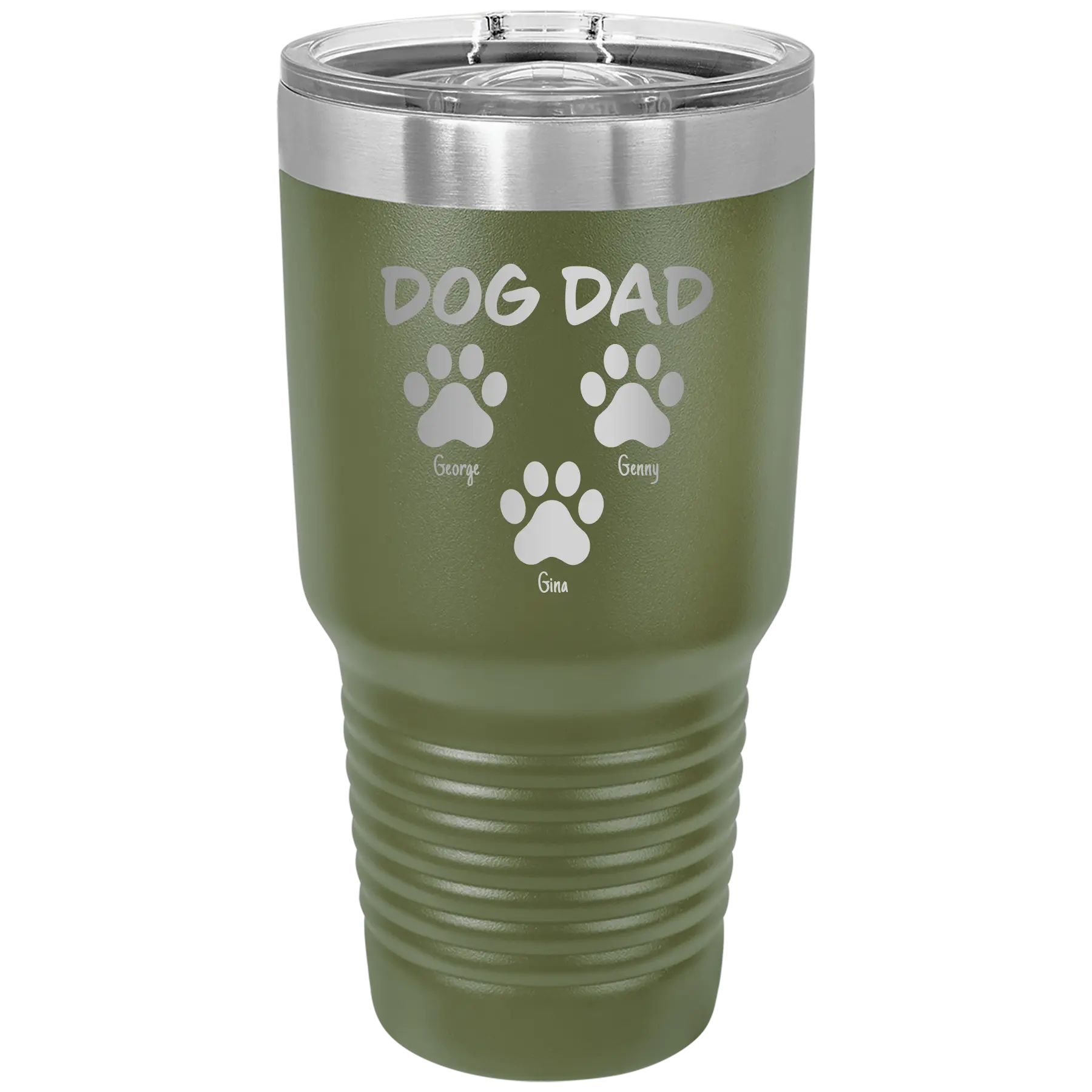 Personalized olive green 30 oz vacuum insulated tumbler with 'Cat Dog Mom Dad 3 paws' design