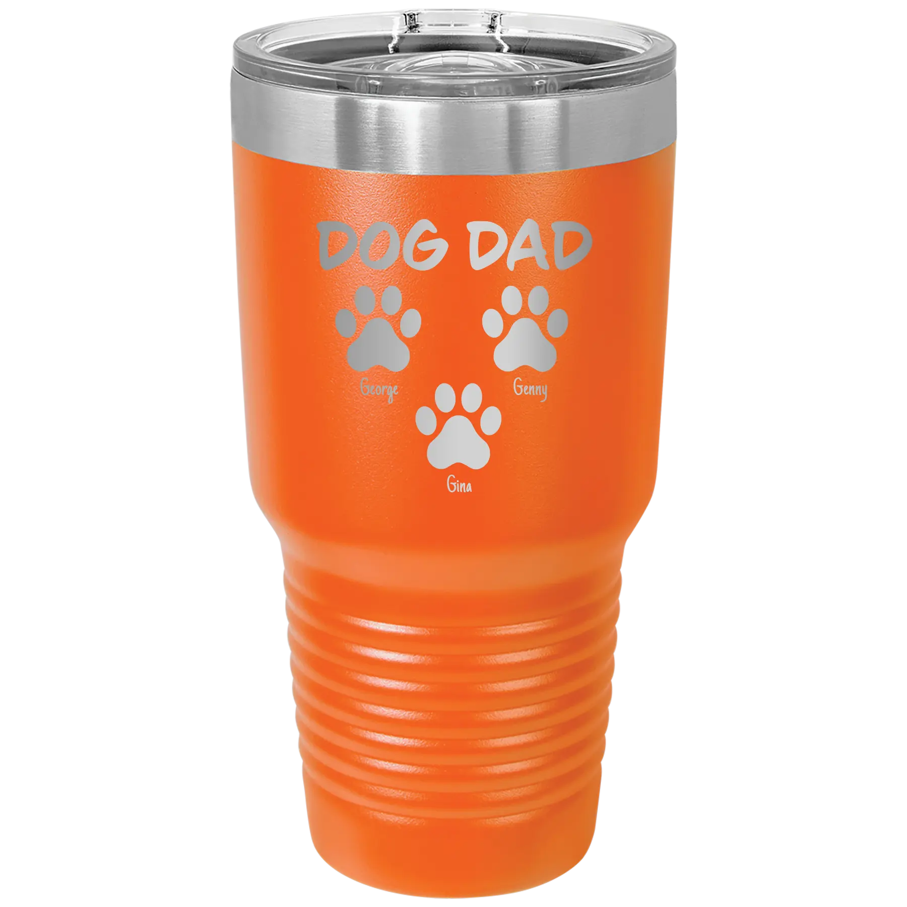 Personalized orange 30 oz vacuum insulated tumbler with 'Cat Dog Mom Dad 3 paws' design