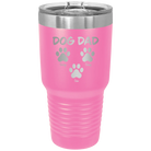 Personalized pink 30 oz vacuum insulated tumbler with 'Cat Dog Mom Dad 3 paws' design
