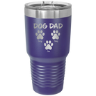 Personalized purple 30 oz vacuum insulated tumbler with 'Cat Dog Mom Dad 3 paws' design