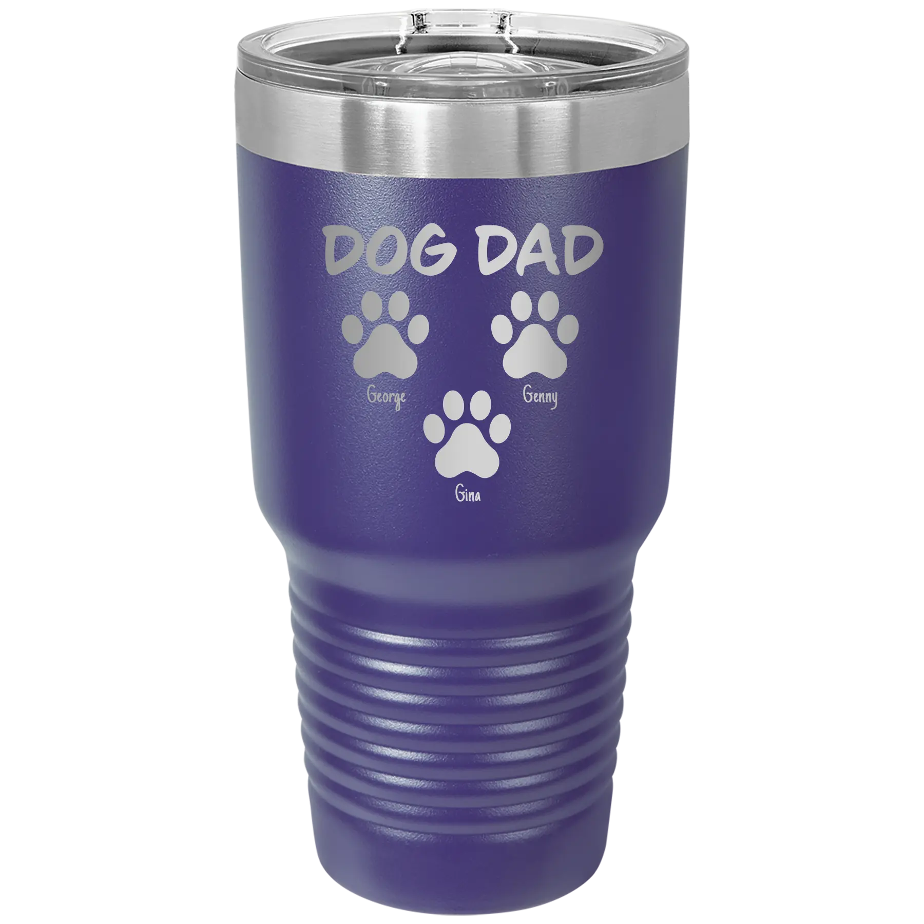 Personalized purple 30 oz vacuum insulated tumbler with 'Cat Dog Mom Dad 3 paws' design