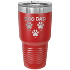 Personalized red 30 oz vacuum insulated tumbler with 'Cat Dog Mom Dad 3 paws' design