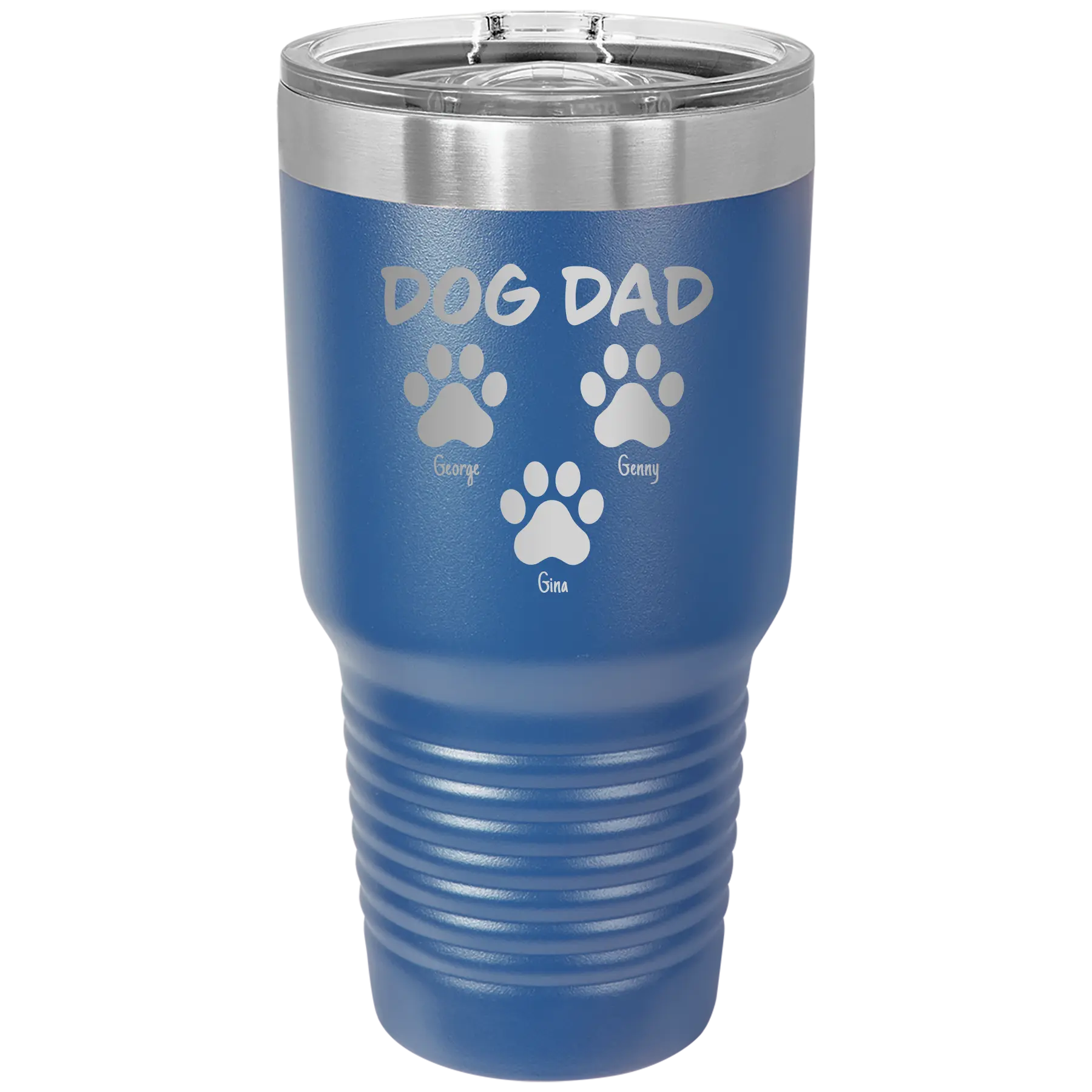 Personalized royal blue 30 oz vacuum insulated tumbler with 'Cat Dog Mom Dad 3 paws' design
