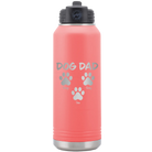 Personalized coral 32 oz vacuum insulated water bottle with 'Cat Dog Mom Dad 3 paws' design
