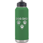 Personalized green 32 oz vacuum insulated water bottle with 'Cat Dog Mom Dad 3 paws' design