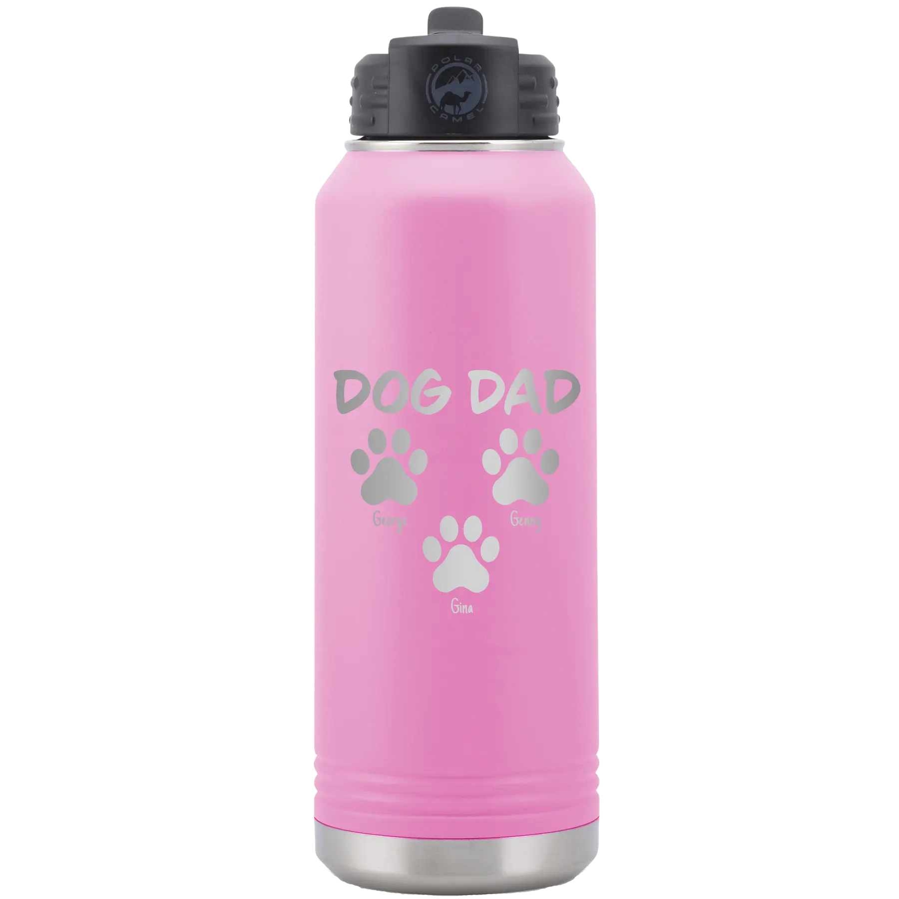 Personalized light purple 32 oz vacuum insulated water bottle with 'Cat Dog Mom Dad 3 paws' design
