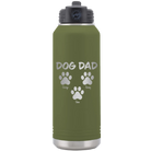 Personalized olive green 32 oz vacuum insulated water bottle with 'Cat Dog Mom Dad 3 paws' design