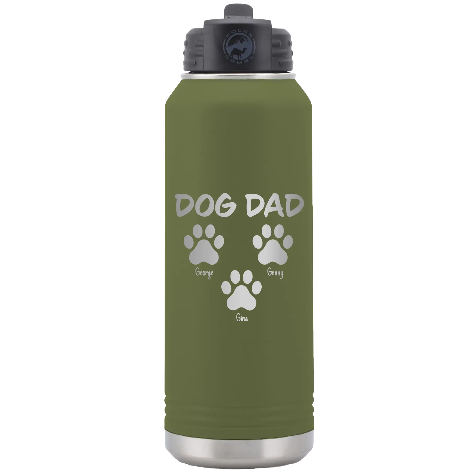 Personalized olive green 32 oz vacuum insulated water bottle with 'Cat Dog Mom Dad 3 paws' design