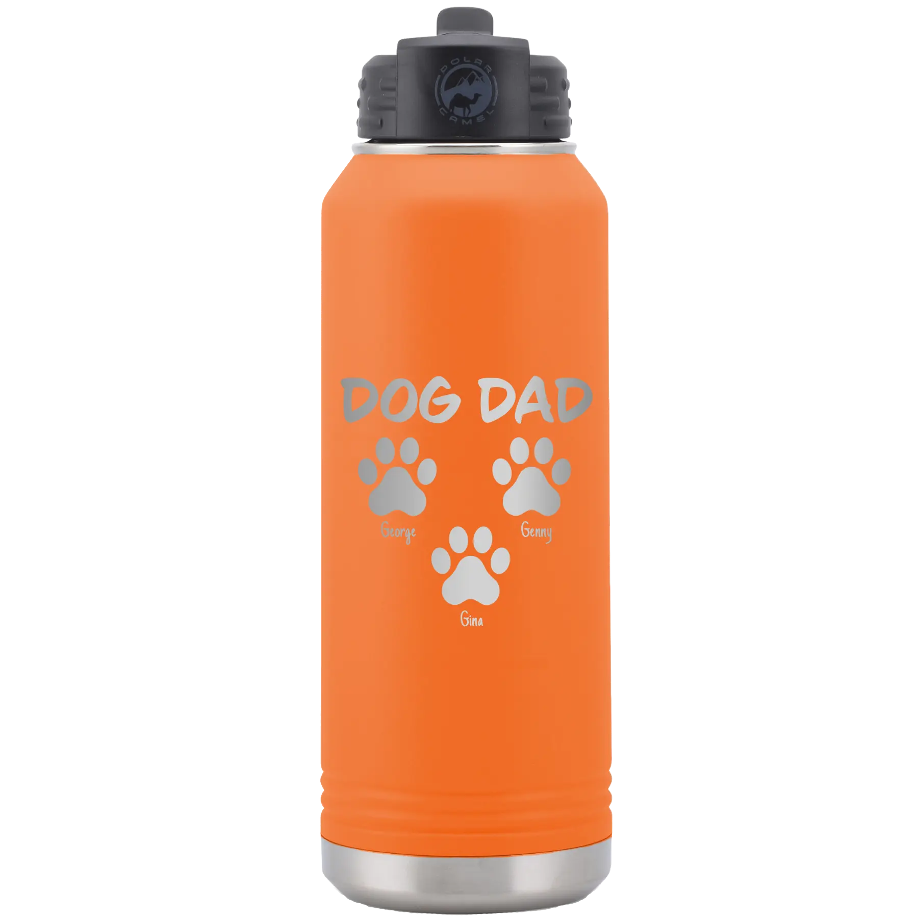 Personalized orange 32 oz vacuum insulated water bottle with 'Cat Dog Mom Dad 3 paws' design