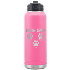 Personalized pink 32 oz vacuum insulated water bottle with 'Cat Dog Mom Dad 3 paws' design