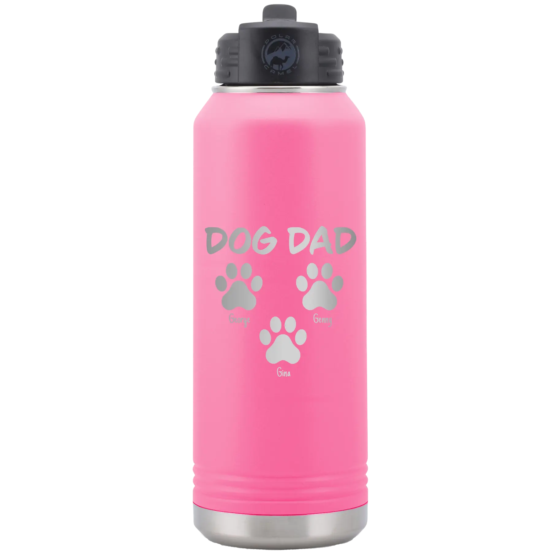 Personalized pink 32 oz vacuum insulated water bottle with 'Cat Dog Mom Dad 3 paws' design