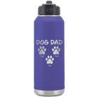 Personalized purple 32 oz vacuum insulated water bottle with 'Cat Dog Mom Dad 3 paws' design
