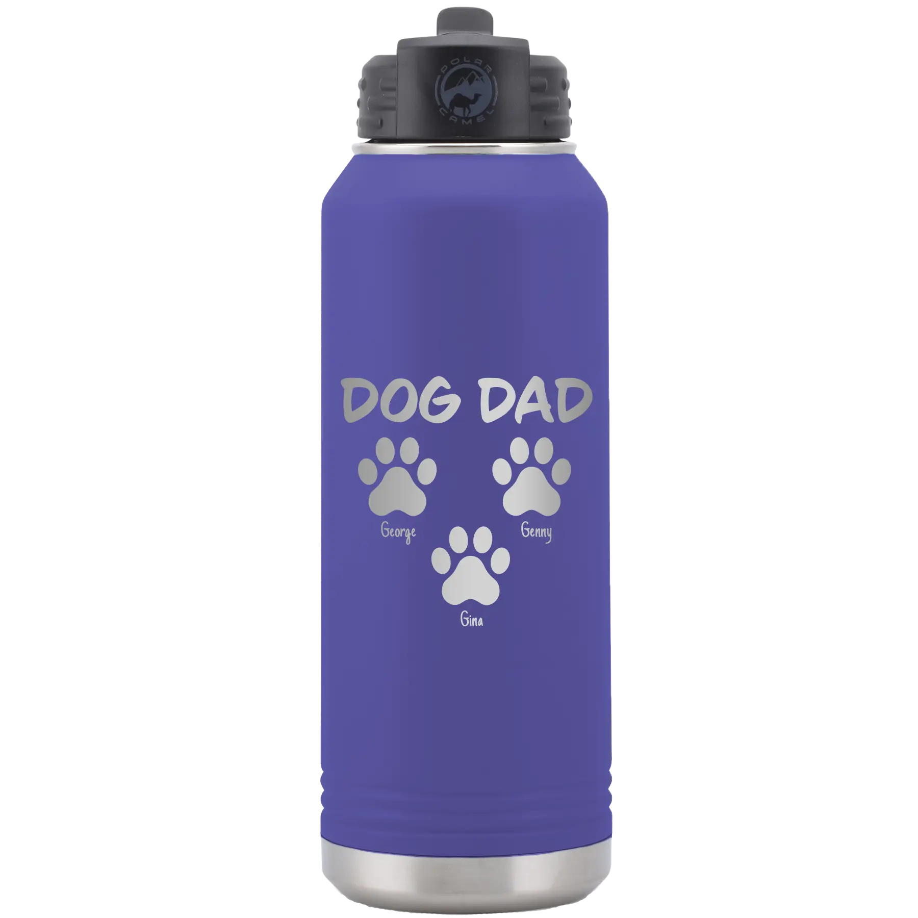 Personalized purple 32 oz vacuum insulated water bottle with 'Cat Dog Mom Dad 3 paws' design