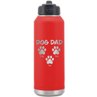 Personalized red 32 oz vacuum insulated water bottle with 'Cat Dog Mom Dad 3 paws' design