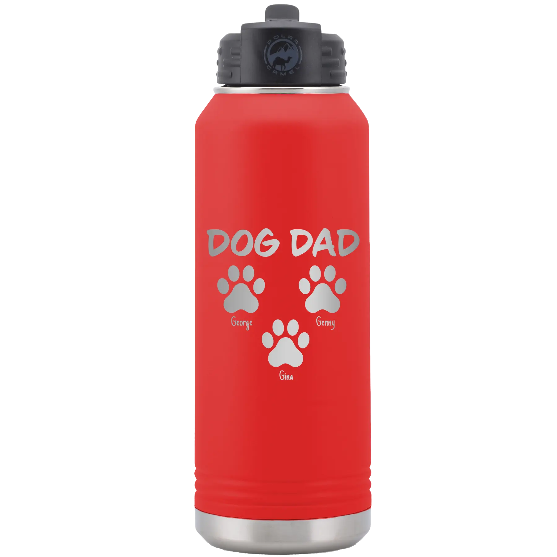Personalized red 32 oz vacuum insulated water bottle with 'Cat Dog Mom Dad 3 paws' design