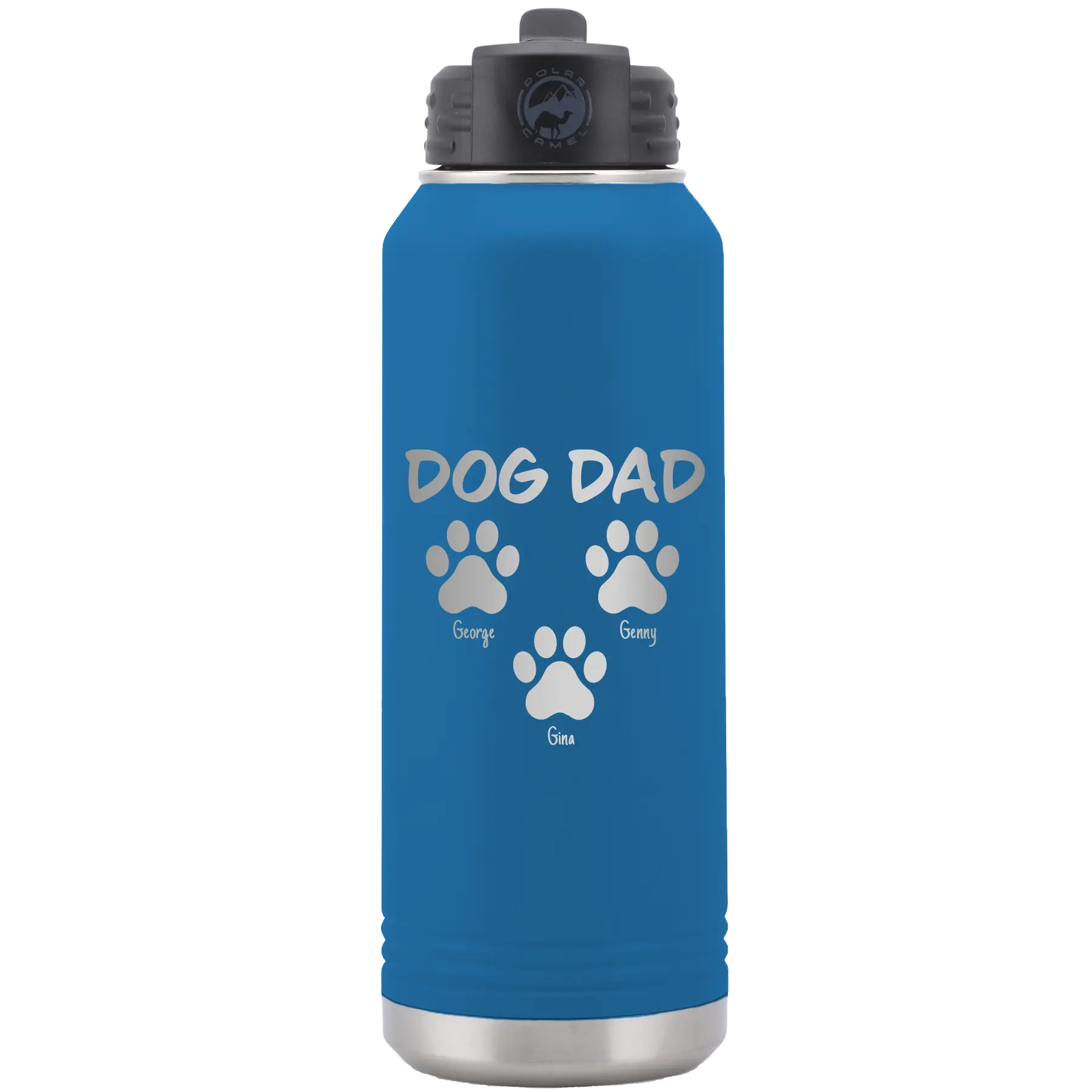 Personalized royal blue 32 oz vacuum insulated water bottle with 'Cat Dog Mom Dad 3 paws' design
