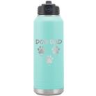 Personalized teal 32 oz vacuum insulated water bottle with 'Cat Dog Mom Dad 3 paws' design