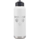 Personalized white 32 oz vacuum insulated water bottle with 'Cat Dog Mom Dad 3 paws' design