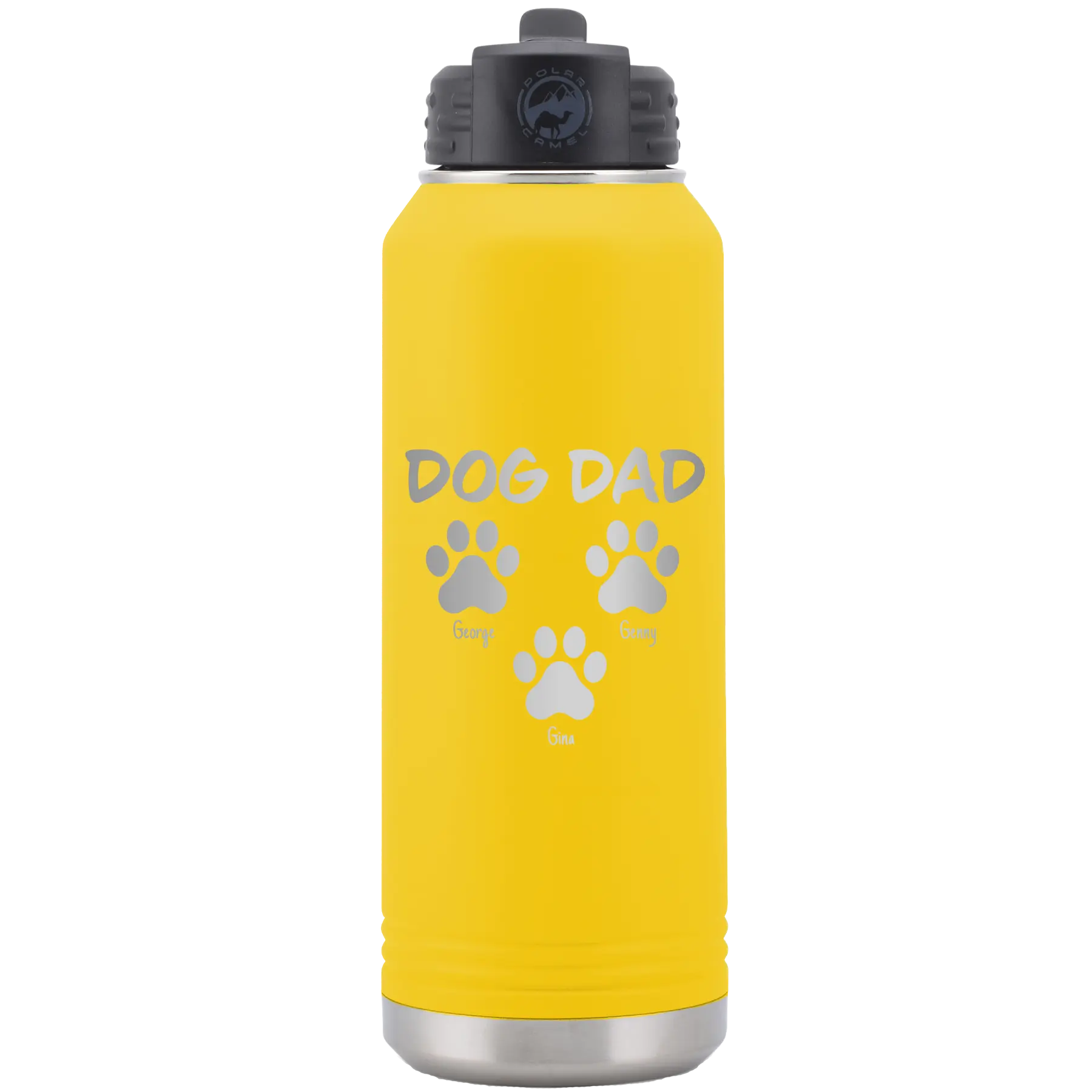 Personalized yellow 32 oz vacuum insulated water bottle with 'Cat Dog Mom Dad 3 paws' design