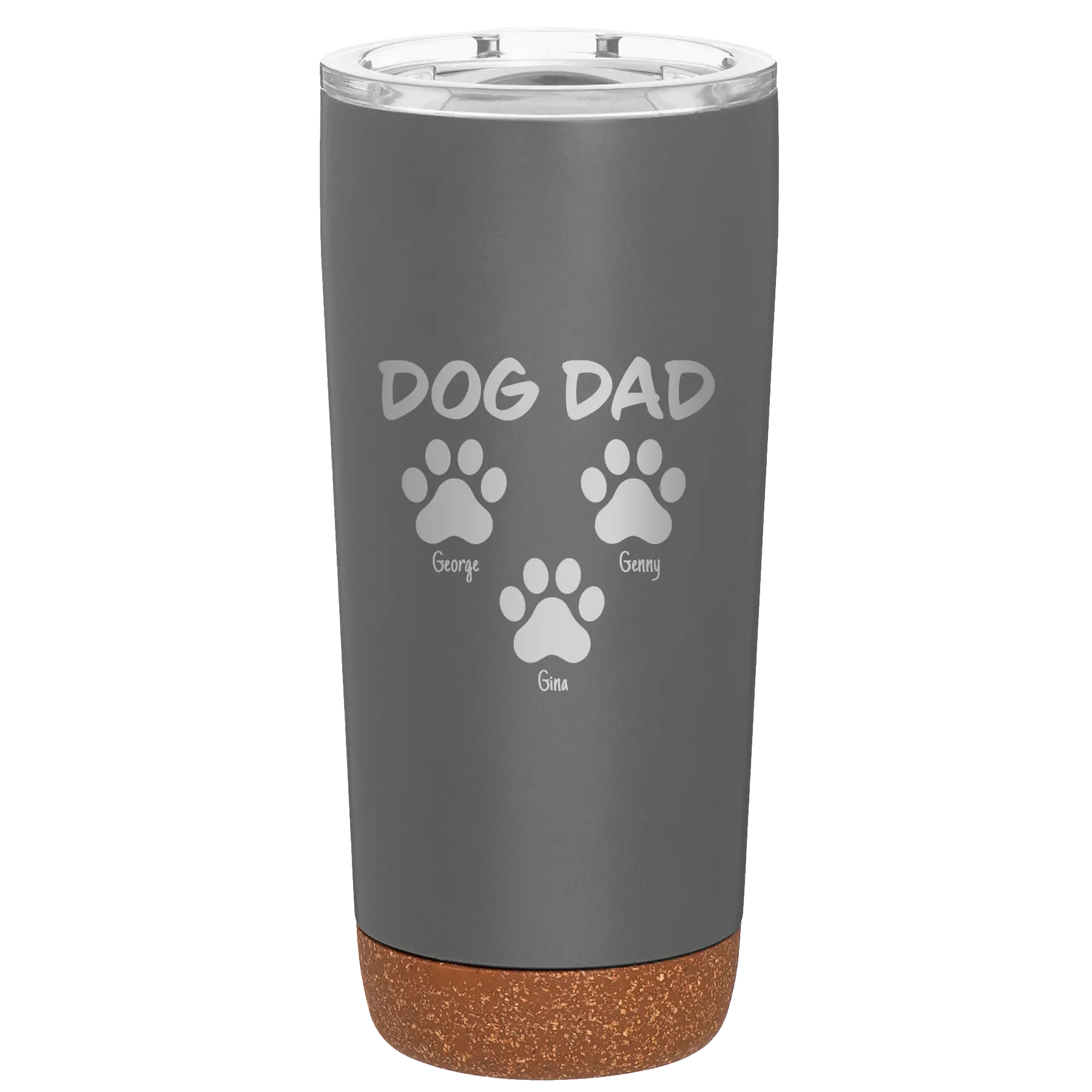 Personalized storm gray 20 oz vacuum insulated tumbler with 'Cat Dog Mom Dad 3 paws' design