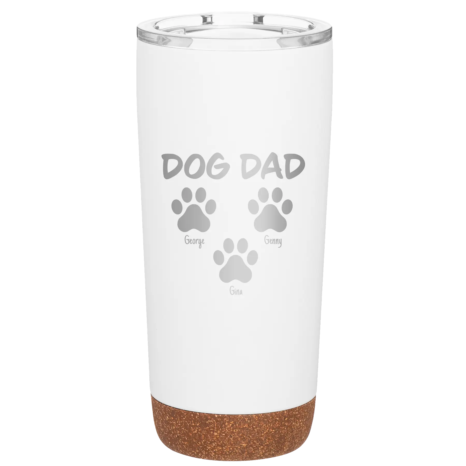 Personalized white 20 oz vacuum insulated tumbler with 'Cat Dog Mom Dad 3 paws' design