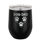 Personalized black 12 oz vacuum insulated wine cup with 'Cat Dog Mom Dad 3 paws' design