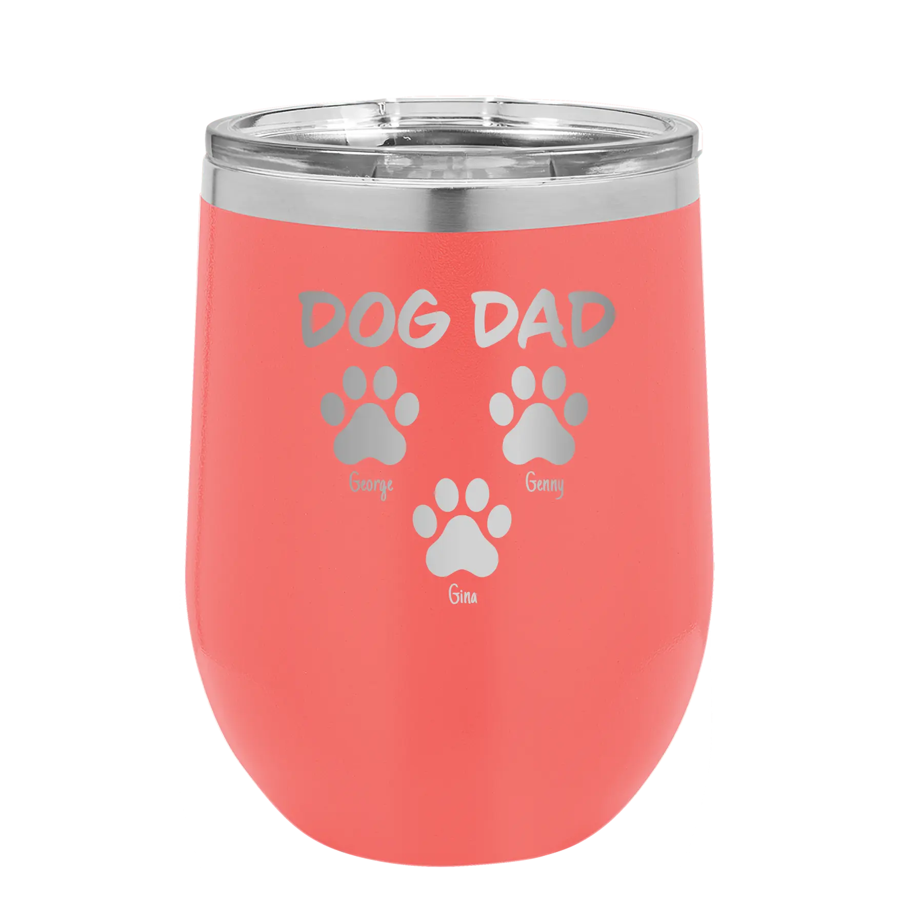 Personalized coral 12 oz vacuum insulated wine cup with 'Cat Dog Mom Dad 3 paws' design