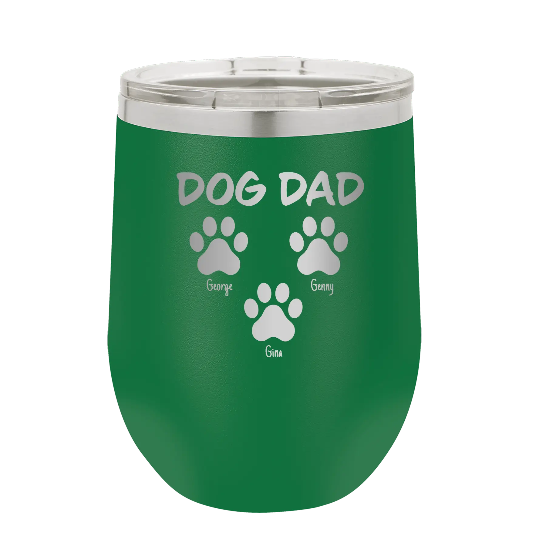 Personalized green 12 oz vacuum insulated wine cup with 'Cat Dog Mom Dad 3 paws' design