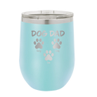 Personalized light blue 12 oz vacuum insulated wine cup with 'Cat Dog Mom Dad 3 paws' design