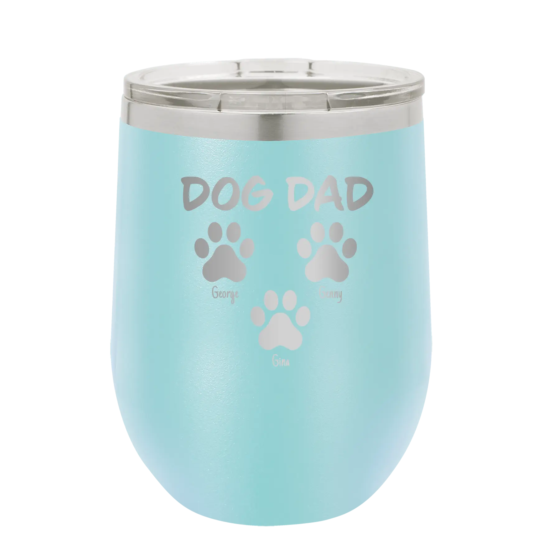 Personalized light blue 12 oz vacuum insulated wine cup with 'Cat Dog Mom Dad 3 paws' design