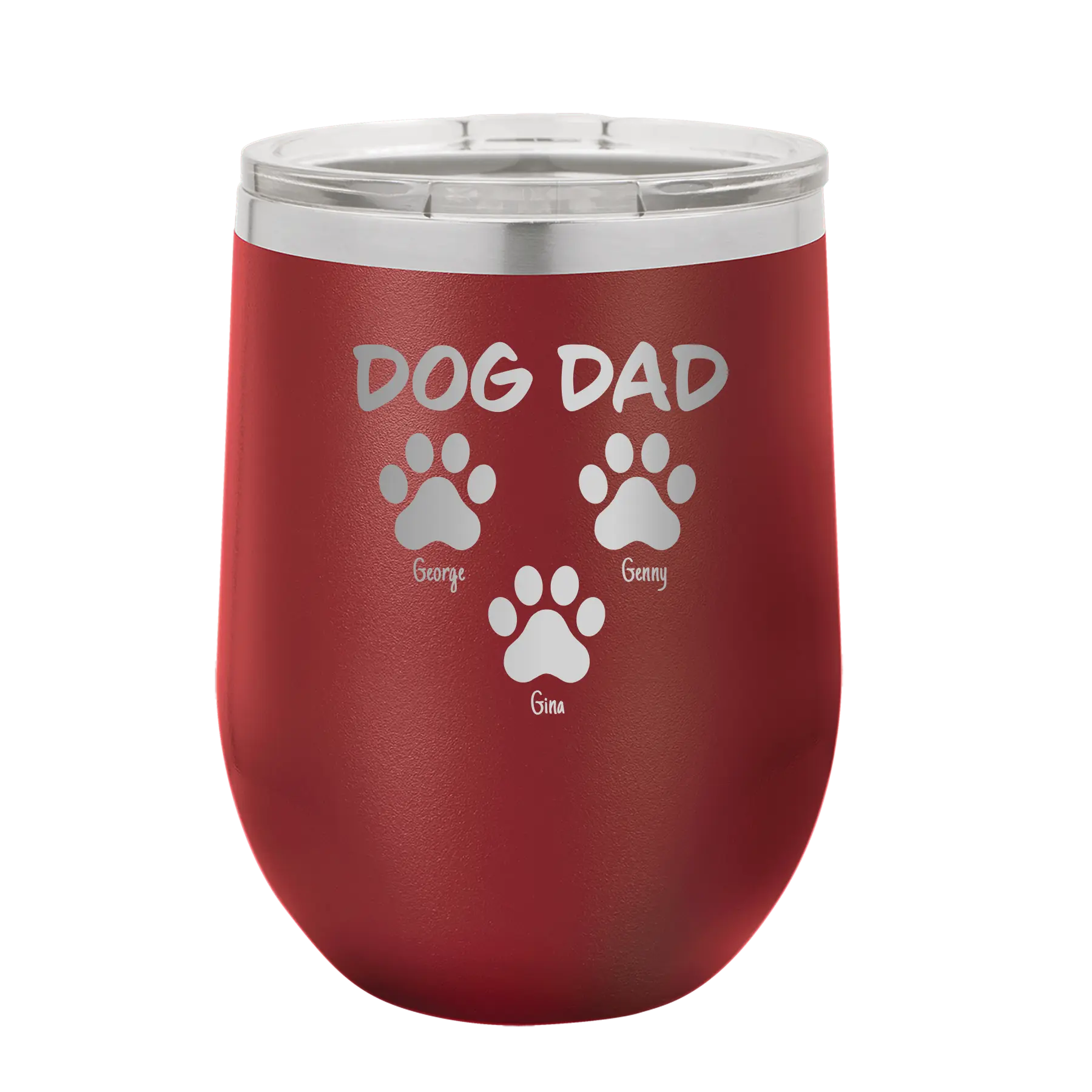 Personalized maroon 12 oz vacuum insulated wine cup with 'Cat Dog Mom Dad 3 paws' design
