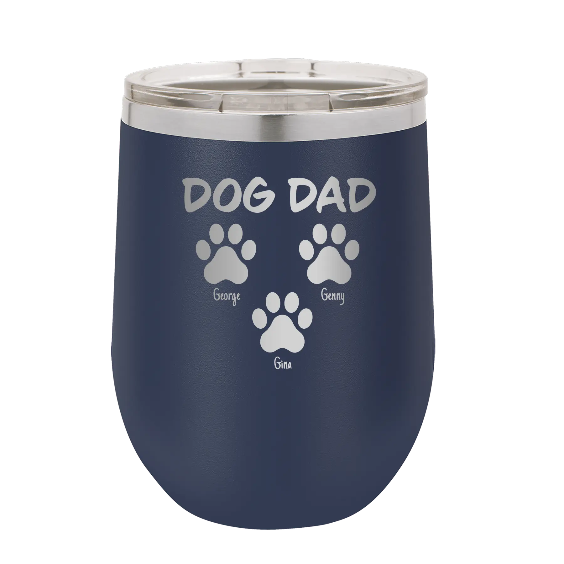 Personalized navy 12 oz vacuum insulated wine cup with 'Cat Dog Mom Dad 3 paws' design