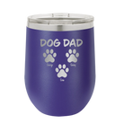 Personalized purple 12 oz vacuum insulated wine cup with 'Cat Dog Mom Dad 3 paws' design