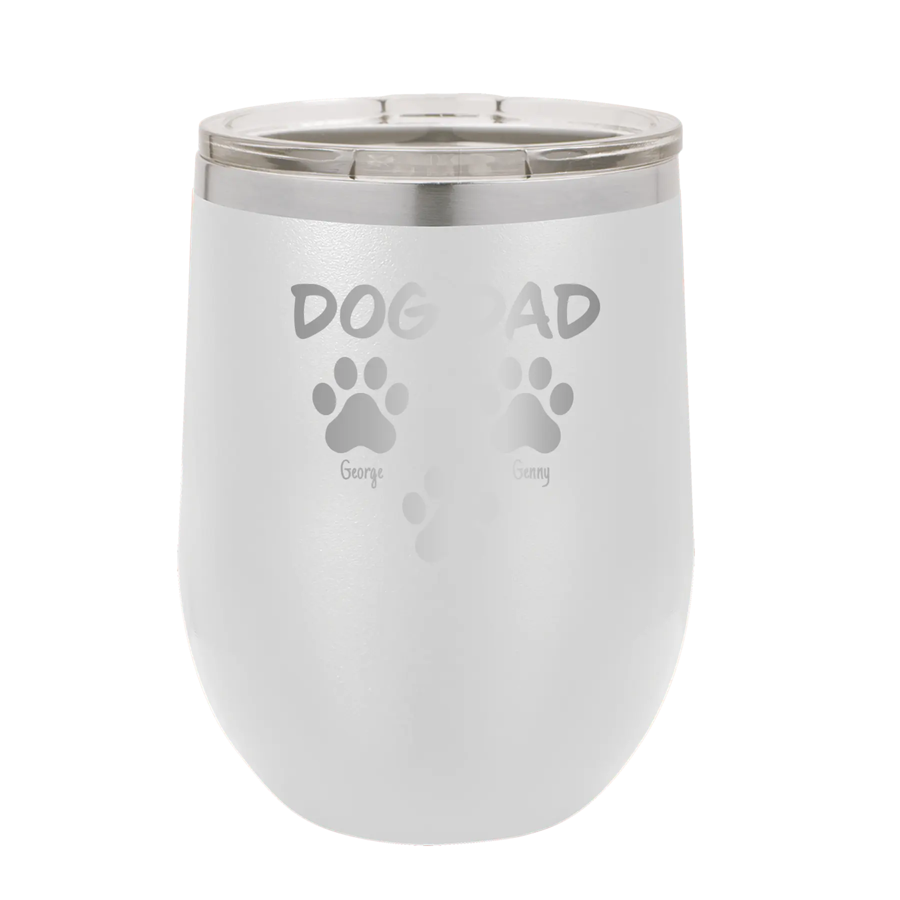Personalized white 12 oz vacuum insulated wine cup with 'Cat Dog Mom Dad 3 paws' design