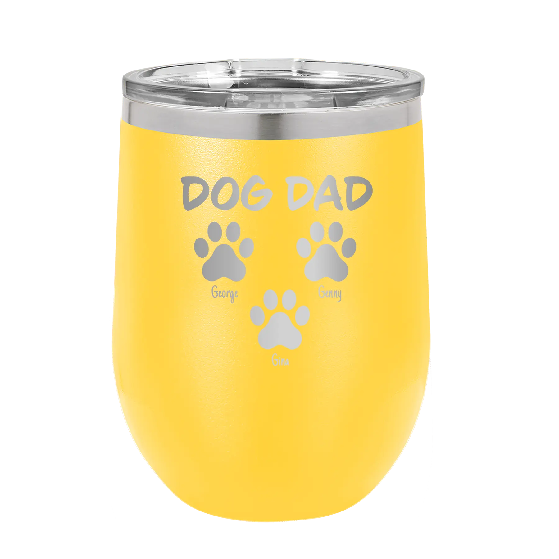 Personalized yellow 12 oz vacuum insulated wine cup with 'Cat Dog Mom Dad 3 paws' design