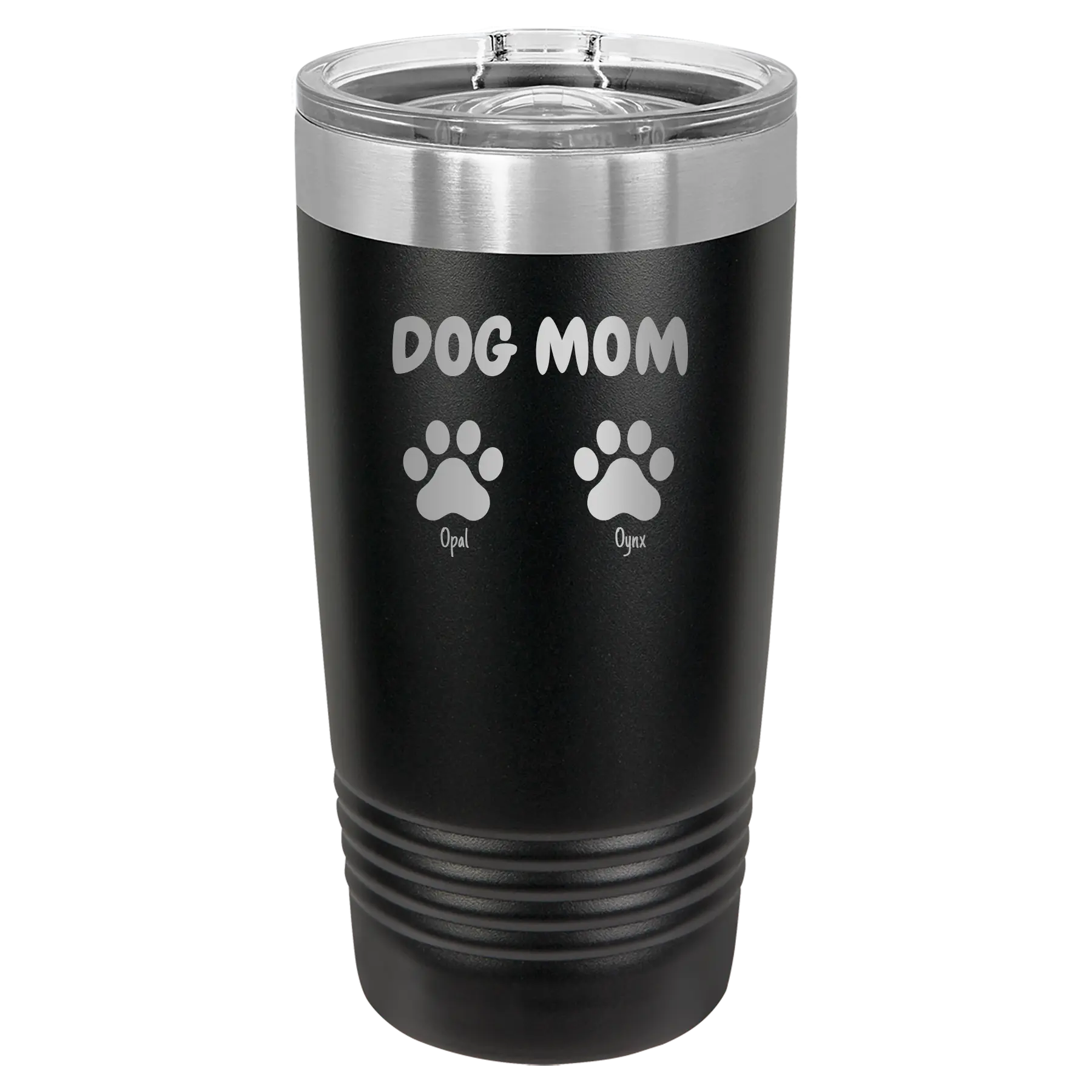 Personalized black 20 oz vacuum insulated tumbler with 'Cat Dog Mom Dad 2 paws' design