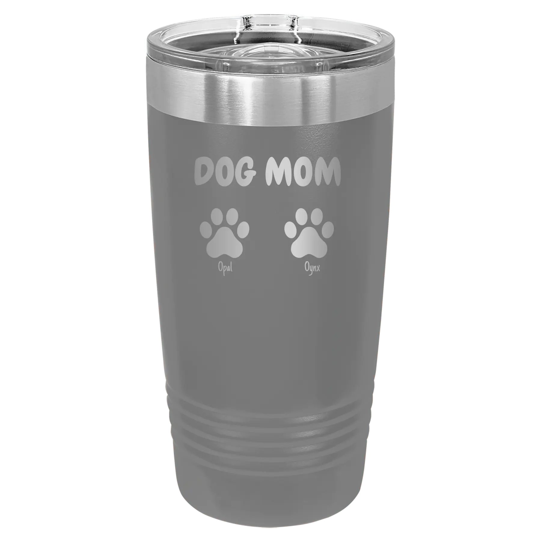 Personalized dark gray 20 oz vacuum insulated tumbler with 'Cat Dog Mom Dad 2 paws' design