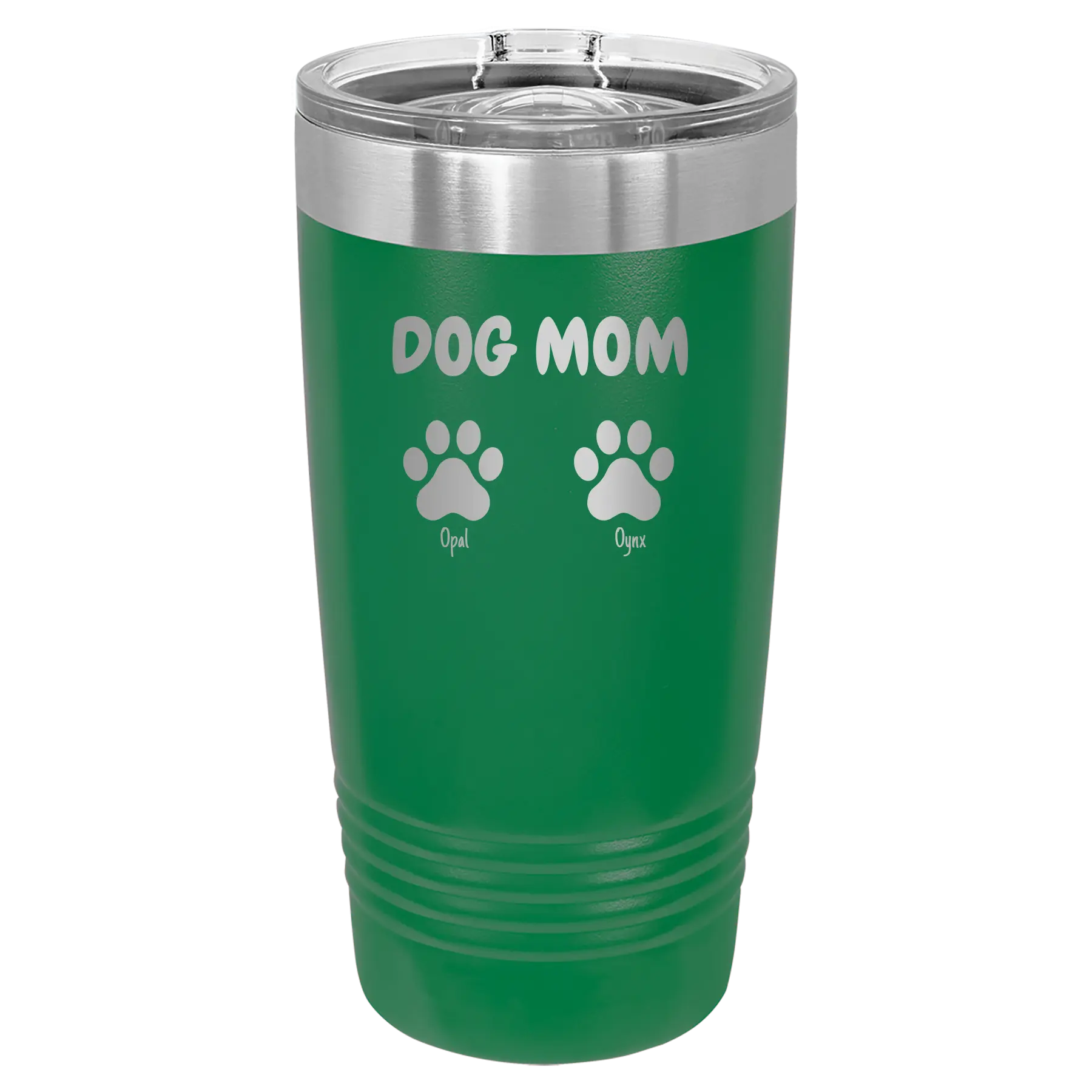 Personalized green 20 oz vacuum insulated tumbler with 'Cat Dog Mom Dad 2 paws' design