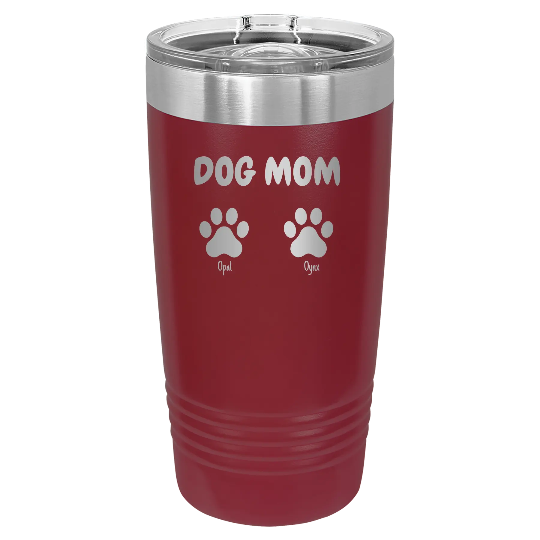 Personalized maroon 20 oz vacuum insulated tumbler with 'Cat Dog Mom Dad 2 paws' design
