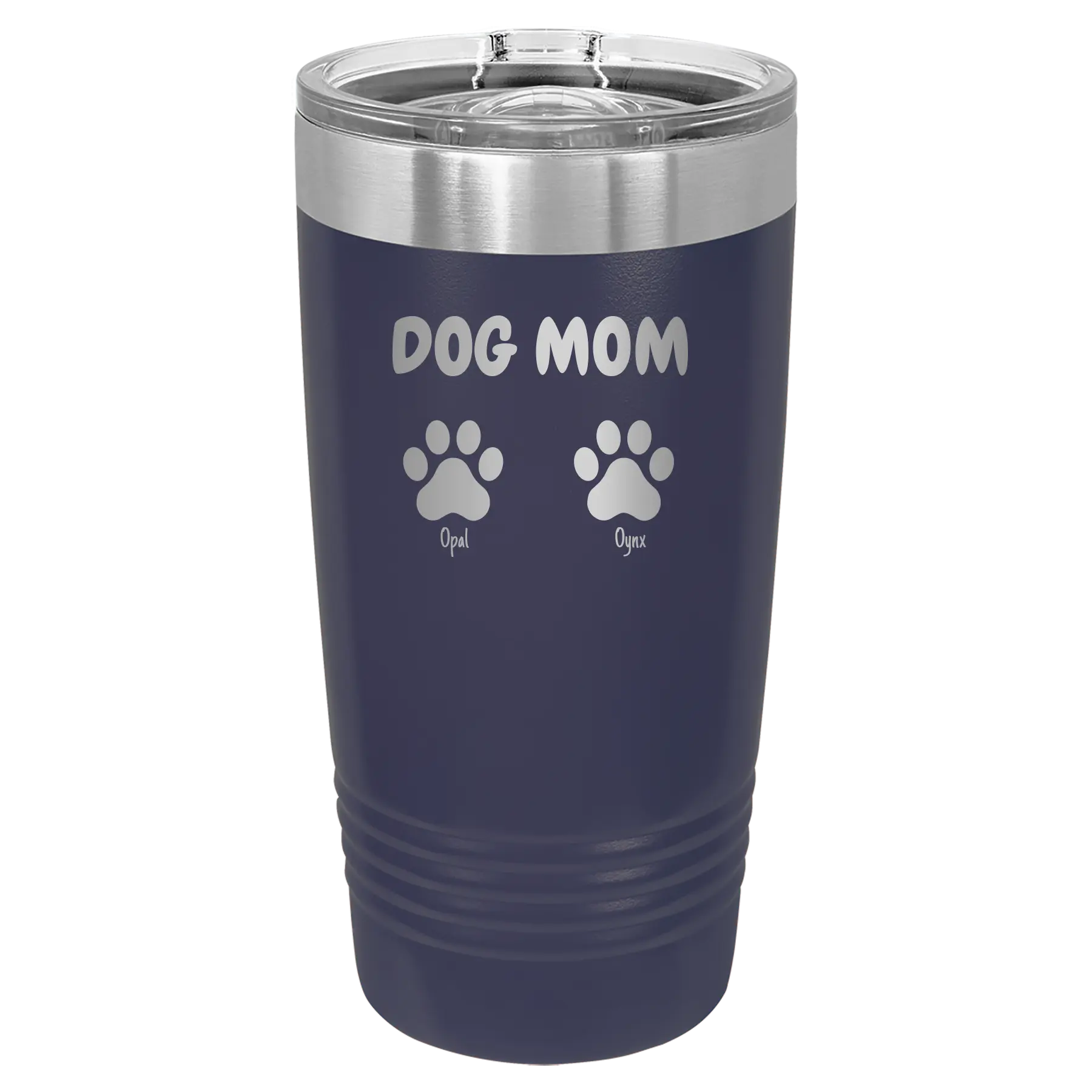 Personalized navy 20 oz vacuum insulated tumbler with 'Cat Dog Mom Dad 2 paws' design