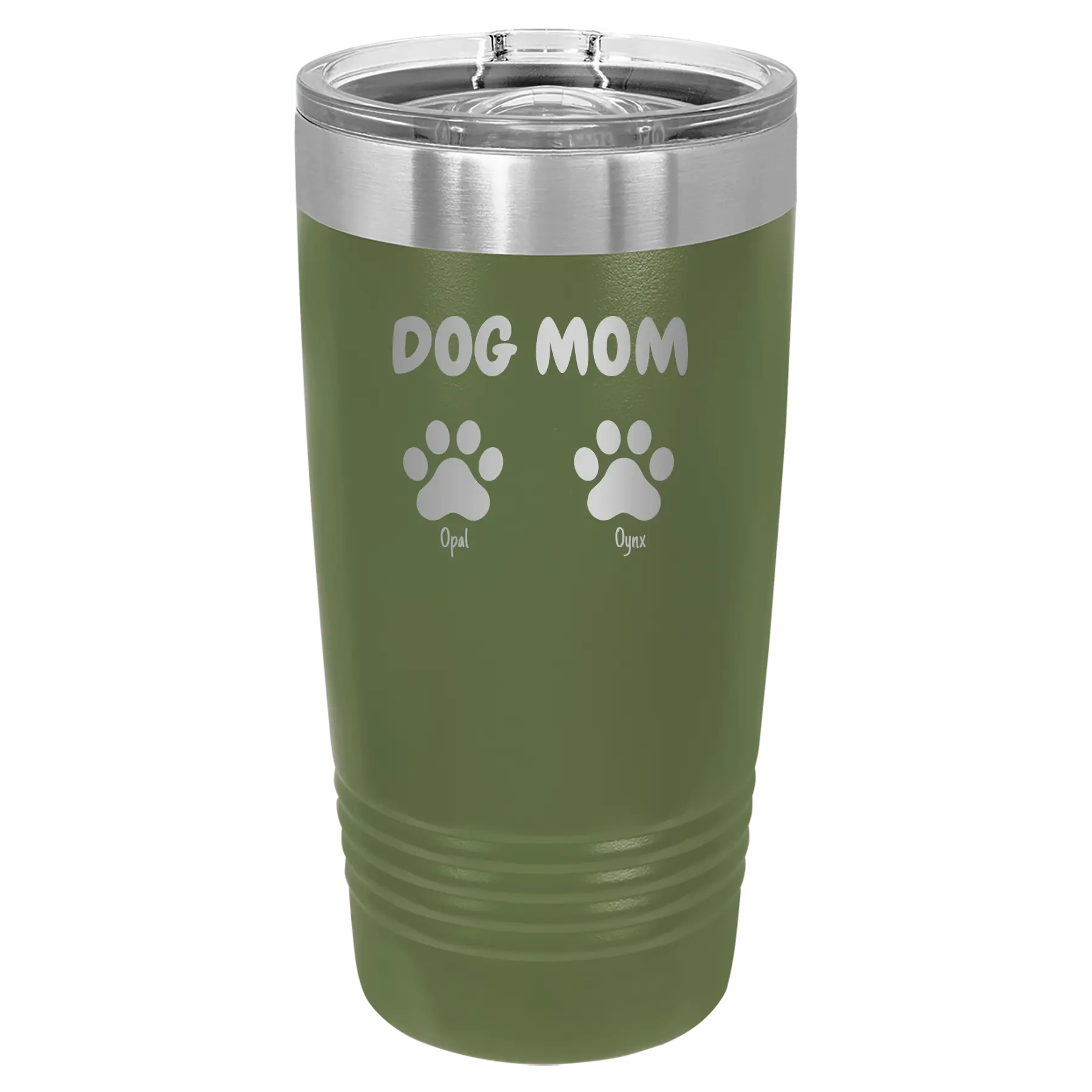 Personalized olive green 20 oz vacuum insulated tumbler with 'Cat Dog Mom Dad 2 paws' design