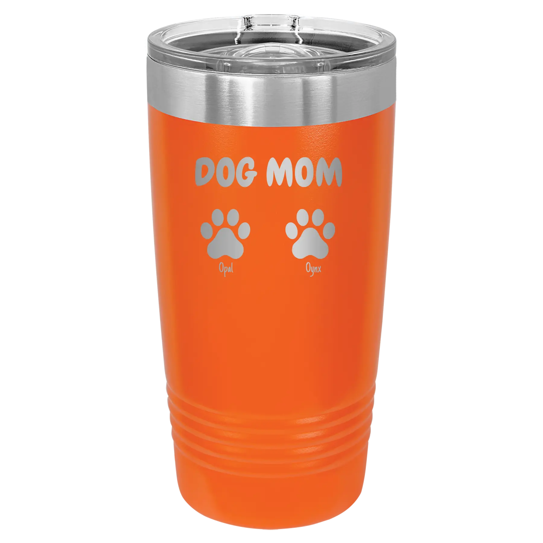 Personalized orange 20 oz vacuum insulated tumbler with 'Cat Dog Mom Dad 2 paws' design