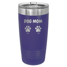 Personalized purple 20 oz vacuum insulated tumbler with 'Cat Dog Mom Dad 2 paws' design